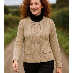 VTG Talbots Cardigan XL Sweater Snaps Fisherman Neutral 100% Mercerized Cotton